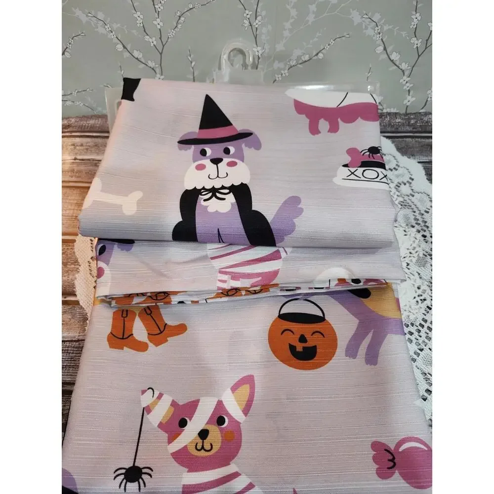 Betsey Johnson Halloween Shower Curtain 12 Hook Set Dogs Pumpkin 72”x 72” NEW